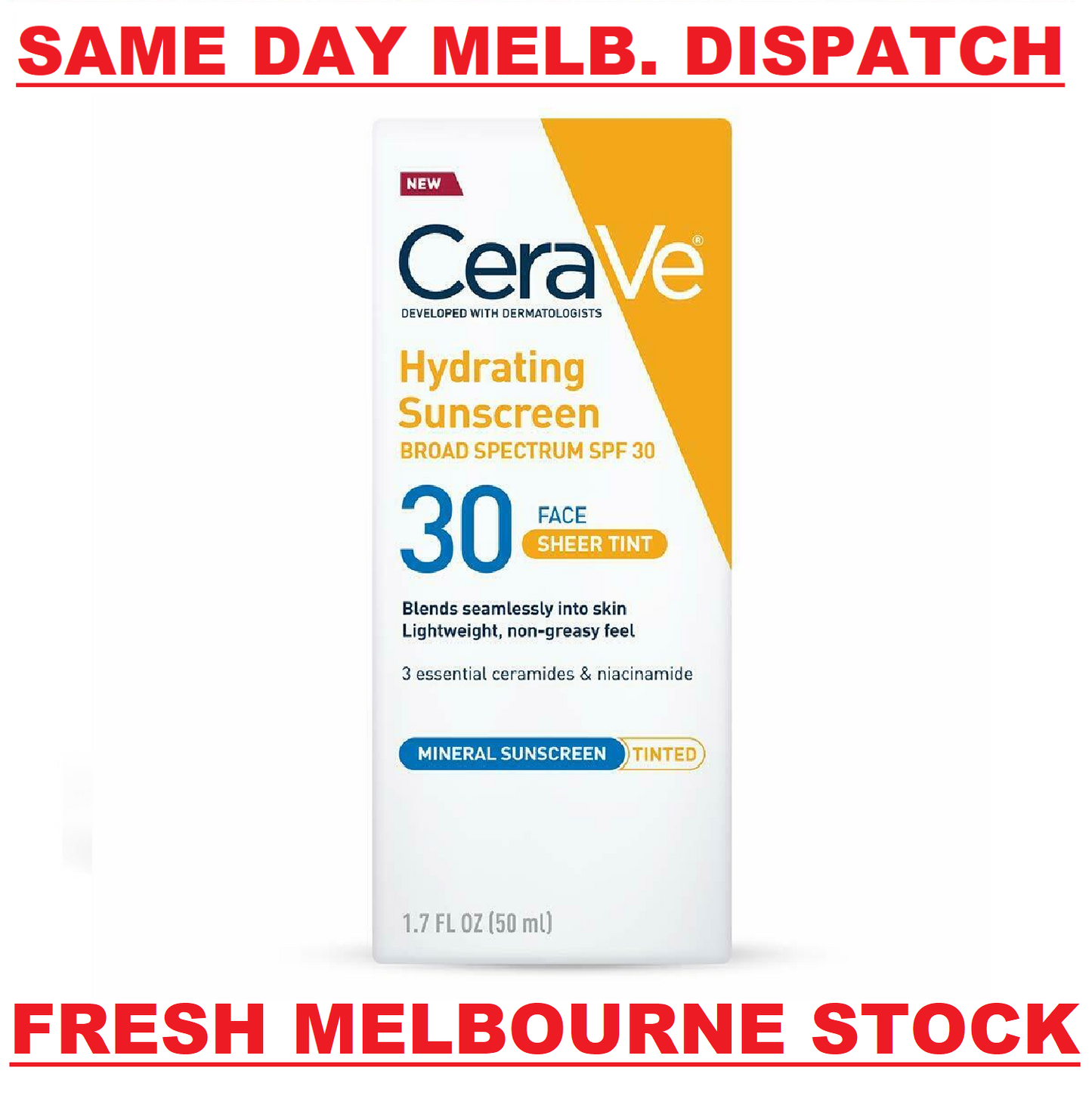 CeraVe Tinted Hydrating Mineral Face Sunscreen Lotion SPF30 Sheer Tint 50mL NEW
