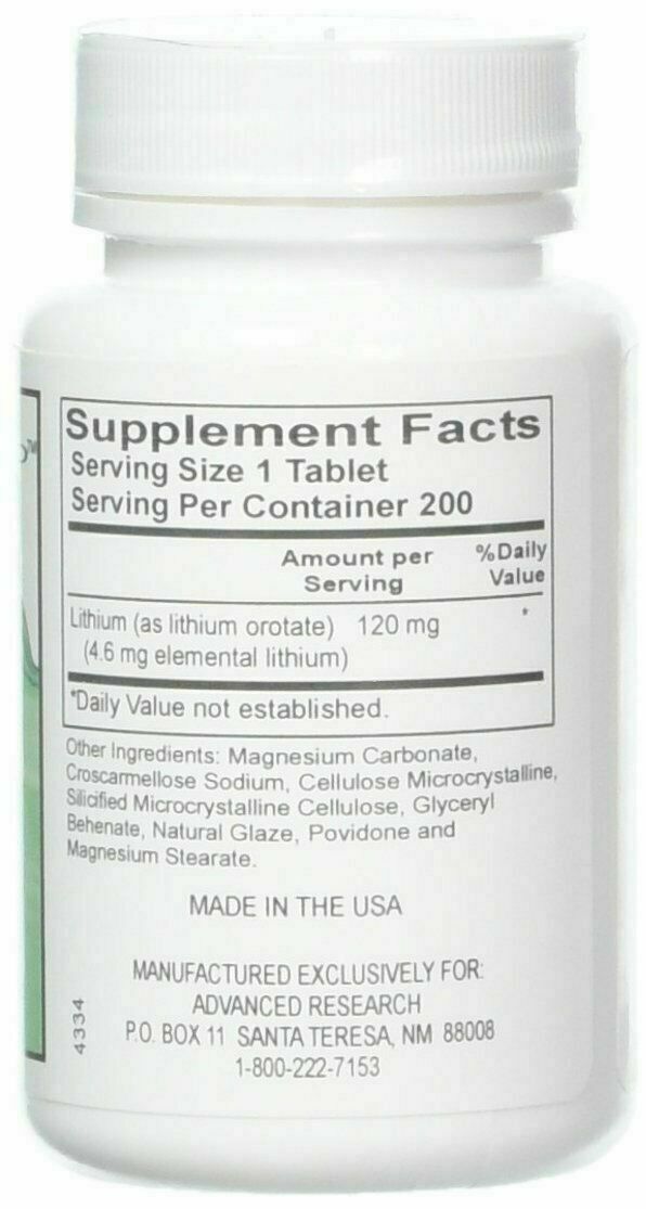 ADVANCED RESEARCH NCI LITHIUM OROTATE 120mg Mood Stress Support 200 Tablets NEW